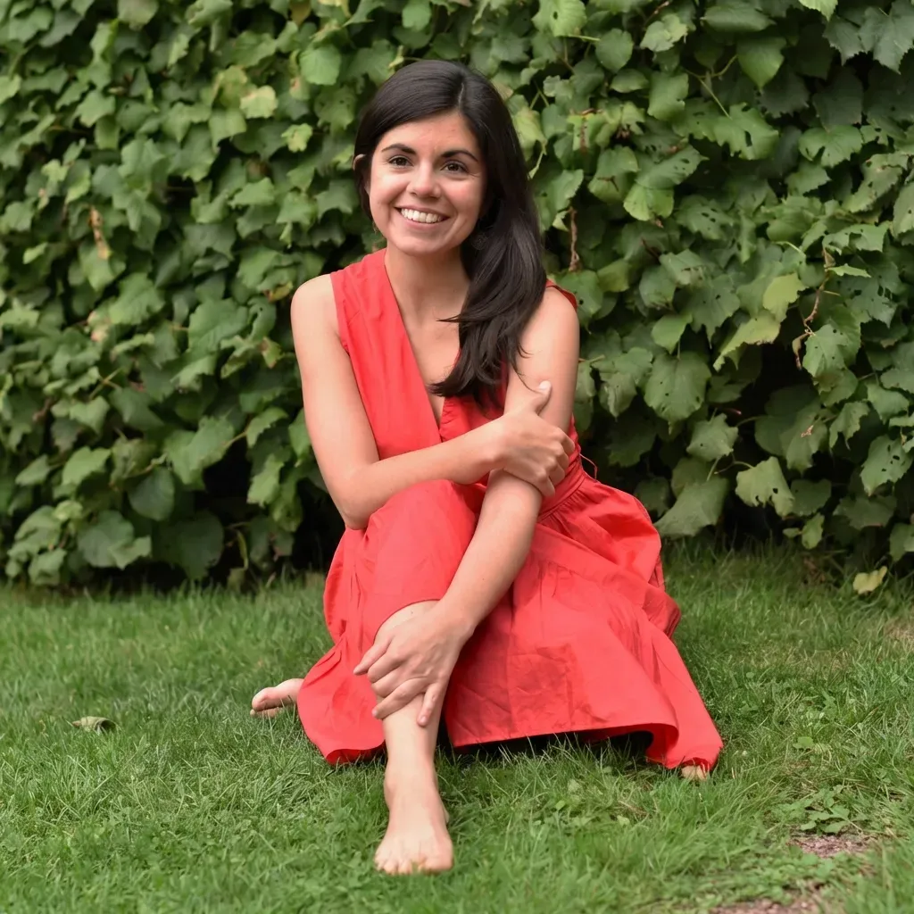Carmen sitting in grass with ivy backdrop, smiling warmly
